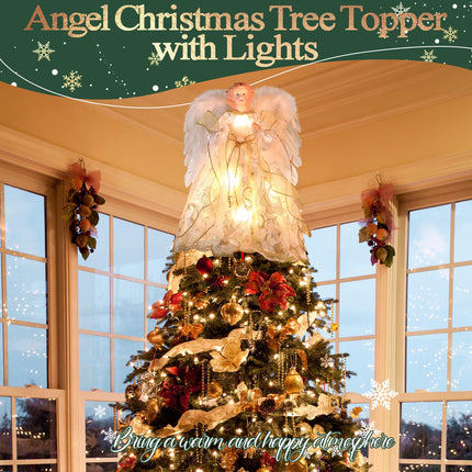 HMASYO Christmas Tree Topper Angel with Timer Lights, 12" Lighted Angel Tree Toppers with White Feather Wings and Star Light, Angel Tree Toppers Christmas Tree Top Decorations Xmas