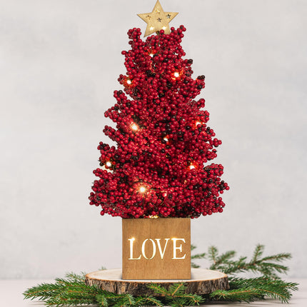 KI Store Lighted Red Berry Tree Tabletop Tree 16-Inch Potted Red Berry Christmas Tree with Lights and Timer for Xmas Party Table Centerpieces