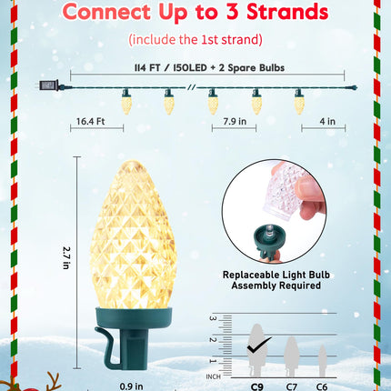 C9 Christmas Lights Outdoor, 114 Feet 150 LED C9 String Lights with Timer & 8 Light Modes, Waterproof Commercial Grade Connectable Christmas Tree Lights for Indoor Outside Roofline Patio, Warm White
