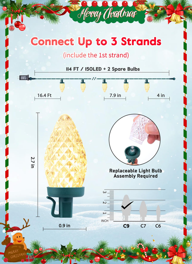 C9 Christmas Lights Outdoor, 114 Feet 150 LED C9 String Lights with Timer & 8 Light Modes, Waterproof Commercial Grade Connectable Christmas Tree Lights for Indoor Outside Roofline Patio, Warm White