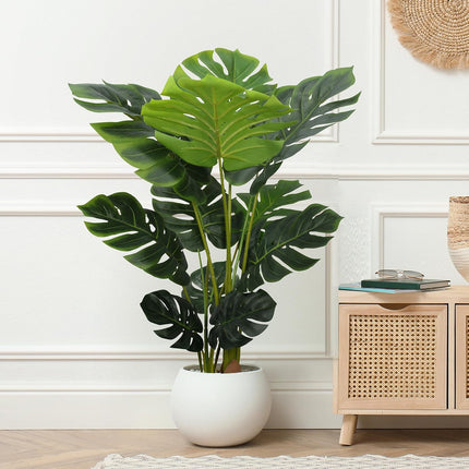 Artificial Monstera Plant 4 Ft Fake Plants with Plastic Pot for Office and Home Decor, Tall Faux Plant for Indoors and Outdoors, Artificial Tree Housewarming