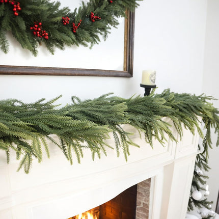 6ft Norfolk Pine Garlands, Real Touch Winter Pine Garland, Artificial Nature Touch Greenery Garland for Table,Mantle, Wall, Indoor, Outdoor Christmas Decorations