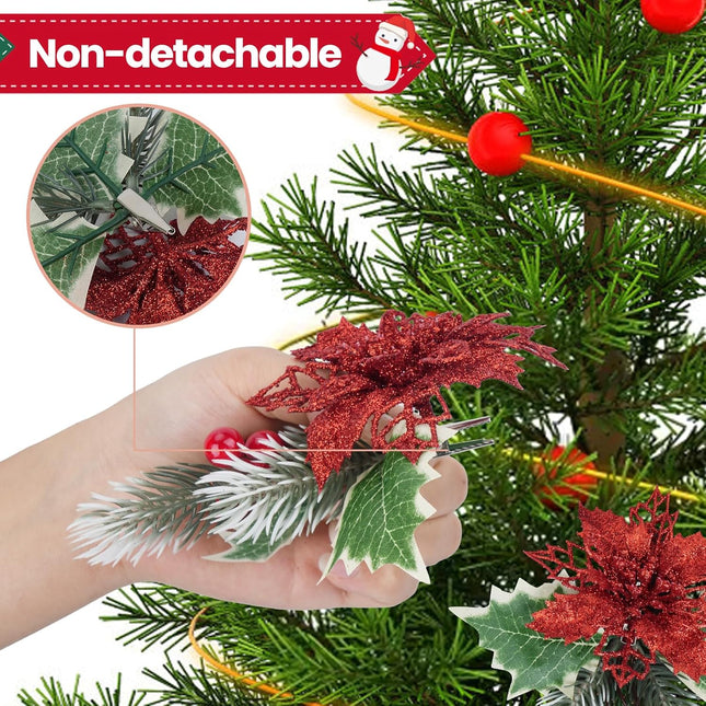 XHXSTORE 12PCS Christmas Artificial Flowers Glitter Red Berries Artificial Flowers Poinsettia Flowers with Clips for Xmax Christmas Wreath Wedding Home Party Garlands DIY Decor(6.6inch)