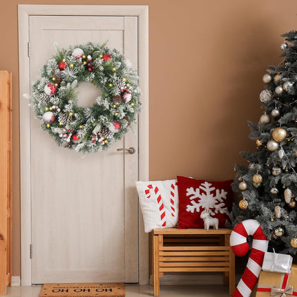 Flocked Christmas Wreath Pre-lit 24 inch with 50 Light & Red Ball Pine Cone, Artificial Christmas Wreaths for Front Door with Lights, Wreath for Christmas Decoration Door Windows Wall Green
