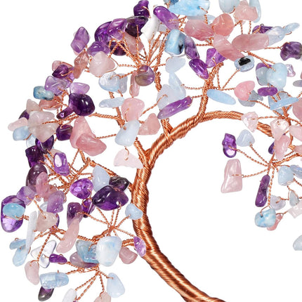 GEHECRST Healing Crystal Heart Tree Handmade Amethyst Rose Quartz Aquamarine Crystal Gemstone Money Tree Stone Tree Feng Shui Ornament for Home Office Desk Decor s for Mom Women Christmas