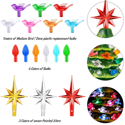 206 Pieces Plastic Ceramic Christmas Tree Lights Set Includes 100 Ceramic Tree Replacement Lights Ornaments 100 Plastic Christmas Tree Bird Lights 6 Stars Replacement Tree Bulb (Classic Colors)