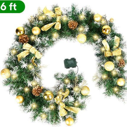 Christmas Garland with Lights, 6FT Garland with LED Lights, Battery Operated, Gold Bows and Ball Ornament, Artificial Pine Cones for Christmas Decorations and Holiday Mantle Decor