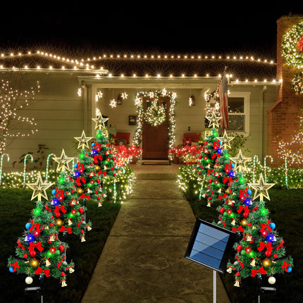 VIHOSE 8 Set 32 Inch Solar Christmas Tree Xmas Garden Stake Light Tree Decor Set with Bell Gold Pastel Ball Red Bow Tie Tree Waterproof Christmas Outdoor Decoration Tree for Yard Pathway Patio Lawn