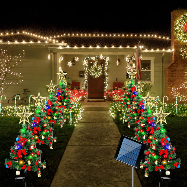 VIHOSE 8 Set 32 Inch Solar Christmas Tree Xmas Garden Stake Light Tree Decor Set with Bell Gold Pastel Ball Red Bow Tie Tree Waterproof Christmas Outdoor Decoration Tree for Yard Pathway Patio Lawn