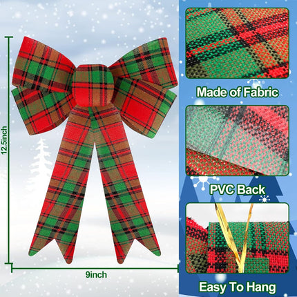 6 Pack Christmas Bows Decorations, Large Christmas Buffalo Plaid Bows for Wreath Garland Christmas Tree Topper Ornaments Outdoor Indoor Christmas Decorations Home Party Crafts, 9 x 12.5 (Red Green)
