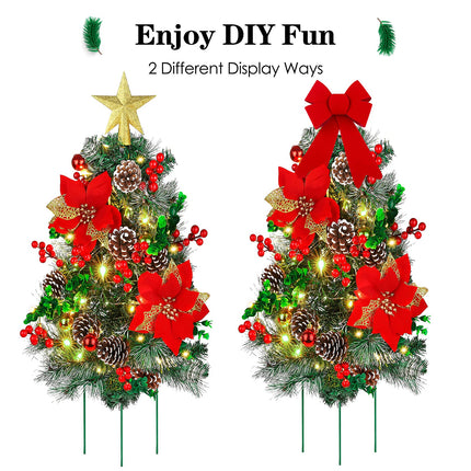 2 Pack 24.5 Inches Christmas Pathway Trees Outdoor Artificial Christmas Tree Urn Filler with 66 LED Lights Tree Topper Pine Cones Red Berries for Home Holiday Christmas Decor (White)