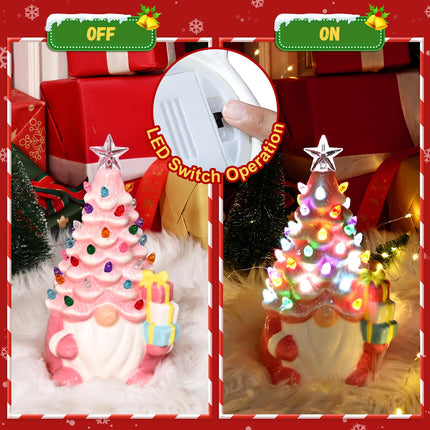 Uspring Ceramic Christmas Tree Christmas Gnomes 8'' Lighted Up Gnome Christmas Tree Table Top Christmas Trees with 46 Lights, Gnome Christmas Decorations for Home Room Fireplace (Pink)