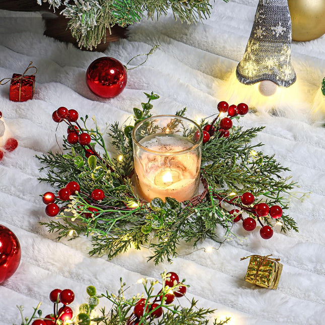 SOMGTING Christmas Candle Rings Wreaths Christmas Kitchen Cabinet Wreaths Mini Xmas Wreaths Table Centerpieces Candle Rings for Pillars Christmas Front Door Window Chair Decorations (4PCS)