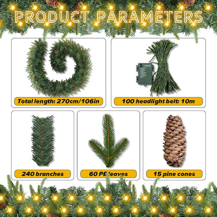 9 FT Christmas Garland with Lights,Christmas Decorations Garland Mixed Pinecones, with Timer, Battery Operated,Christmas Decor Garland for Stairs Indoor Mantle Door Wall Outdoor (Green+Brown)