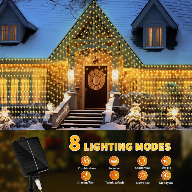 32.8 6.56FT Large Size Solar Curtain Lights Outdoor, 8 Modes Outdoor Solar String Icicle Lights, Solar Garden Christmas Lights Decortions for Patio, Gazebo, Eaves, Fence, Tree, Porch (Warm White)