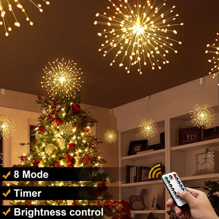 DenicMic Firework Lights 4 Pack Starburst Lights 120 LED 8 Mode Battery Operated Chandelier Star Lights with Remote, Hanging Christmas Decorations Indoor