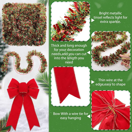 Jutom 30 ft Christmas Tinsel Garland with 12 Pcs 12 Inch Christmas Velvet Bows Hanging Garland for Home and Party Decoration for Christmas Trees, Walls, Hedges, Stair Handrail, Doorways, Windows