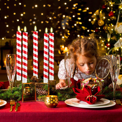 Retisee 24 Pieces Christmas Flameless Taper Candles Bulk Candy Cane Striped LED Candle Stick Battery Operated Taper Candles Flickering Candle Lights for Christmas Candles Decorations (Red and White)
