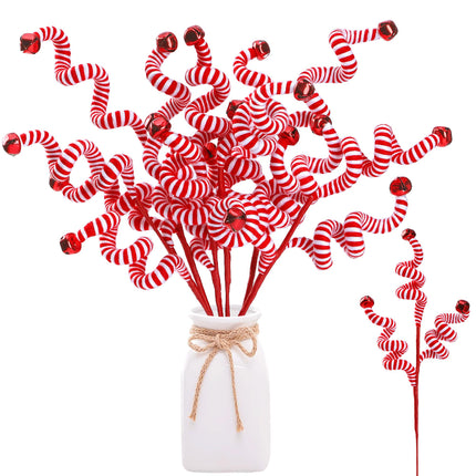 Sggvecsy 6 Pcs Christmas Tree Decoration Candy Cane Woolen Bells Candy Shape Christmas Tree Picks Christmas Bell Curly Picks Ornaments Xmas Tree Topper for Vase Filler Office Home Decor (Red)