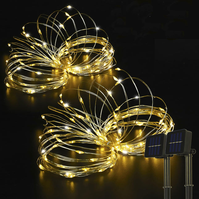 2 Pack 33ft 100 LED Solar Copper String Lights,8 Modes Christmas Fairy Lights Waterproof IP65 Twinkle Lighting Indoor Outdoor Fairy Firefly Lights Auto ON/Off (Warm White)