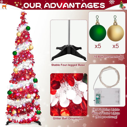 Fake Christmas Tree Christmas Decor - 5 Ft Tall Skinny Christmas Tree Collapsible with Timer 50 Lights 10 Balls, Tinsel Red Christmas Tree Christmas Decor for Home Bedroom Fireplace(Red White)
