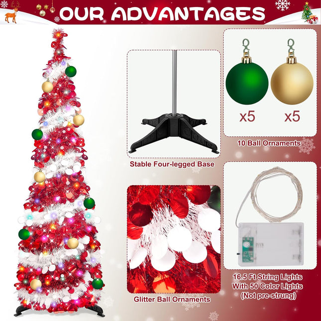Fake Christmas Tree Christmas Decor - 5 Ft Tall Skinny Christmas Tree Collapsible with Timer 50 Lights 10 Balls, Tinsel Red Christmas Tree Christmas Decor for Home Bedroom Fireplace(Red White)