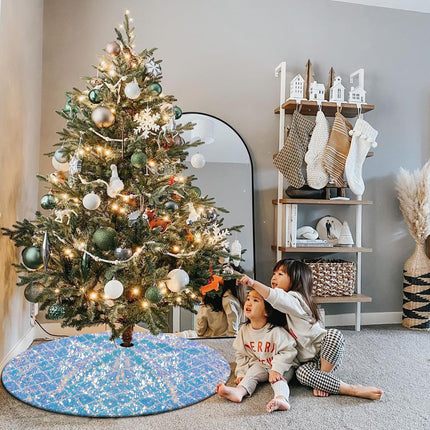 Blue White Christmas Tree Skirt, Iridescent Glitter Tree Skirt 36 Inches,Sparkly Tree Mats for Christmas Pencil Tree, Iridescent Christmas Decorations Ornaments