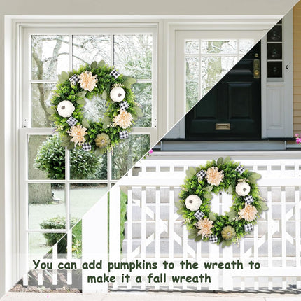 24" Faux Round Boxwood Wreath, Vlorart Artificial Boxwood Wreath Front Door Wreaths Artificial Spring Summer Greenery Hanging with A Plaid Bow and sash for Front Door Wall Hanging Window Wedding Decor