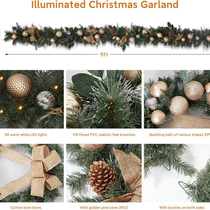 9ft Pre Lit Garland Christmas with Ornaments and 50 Led Lights, Lighted Gold Christmas Garlands for Table Fireplace Stairs Railing Indoor Outdoor Xmas Holiday Garland Battery Operated
