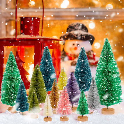 ONESING 50 Pcs Mini Xmas Tree, Bottle Brush Trees with Wooden Base Artificial Small Christmas Pine Tree 5 Sizes Tiny Pine Tree Christmas Sisal Snow Trees for Home Tabletop Christmas Decorations