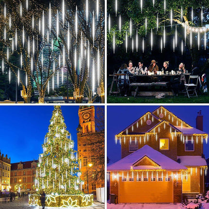 YEGUO Solar Christmas Lights Outdoor, 8 Tubes 144 LED Meteor Shower Lights, Falling Rain Lights for Holiday Roof Xmas Decor (White)
