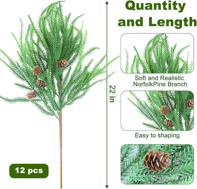 22 Inch Christmas Norfolk Pine Branches with Pine Cones, 12 Pcs Real Touch Norfolk Pine Stems, Artificial Pine Branches, Norfolk Pine Picks for Xmas Wreath Garland Indoor Outdoor Home Decor