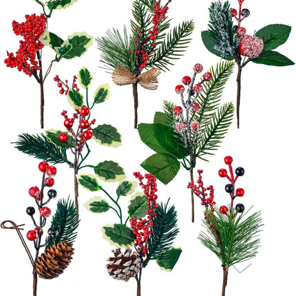WILLBOND Artificial Christmas Tree Picks Red Berry Pine Picks Spray Berry Branches Holly Pine Flower Pick Berry Pinecones for Christmas Crafts Party Festive Home Decor (Classic Style,24 Pcs)