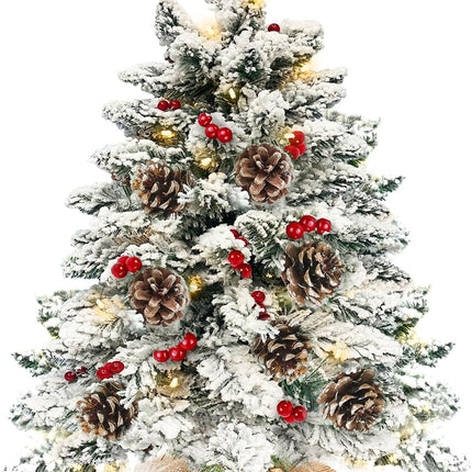 24 Inch Flocked Christmas Tree with 30 Warm Lights Timer, Mini Tabletop Christmas Tree Battery Operated 42 Red Berry Pinecone Burlap Base Small Christmas Tree Xmas Christmas Decorations Indoor Home
