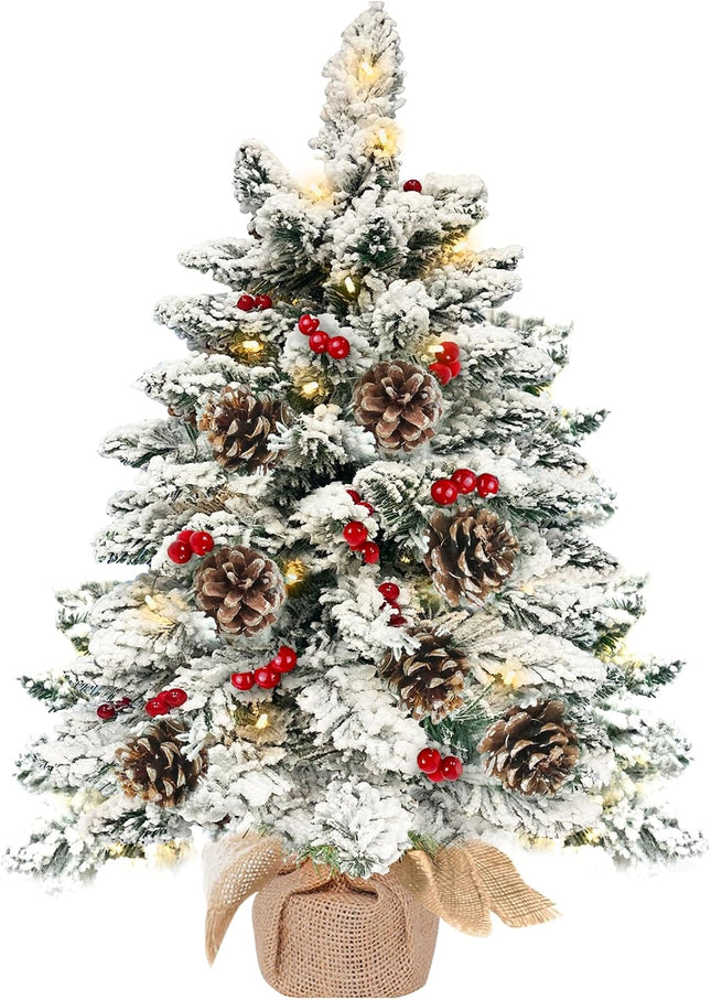 24 Inch Flocked Christmas Tree with 30 Warm Lights Timer, Mini Tabletop Christmas Tree Battery Operated 42 Red Berry Pinecone Burlap Base Small Christmas Tree Xmas Christmas Decorations Indoor Home