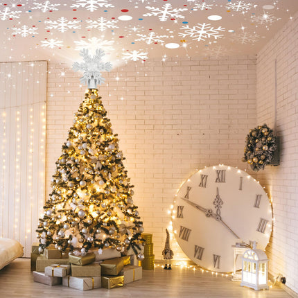 Christmas Tree Topper with 3D Rotating Silver Snowflake Projector for Christmas Tree, Hollow Design Holiday Decorations, Christmas Decor