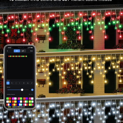 Avatar Controls Programmable Icicle Christmas Lights for Outside Waterproof w/ 58 Multicolor Modes, 32.8ft 299 Smart Color Changing LED Icicle Lights Connectable Music Sync, White & Green Eave Lights