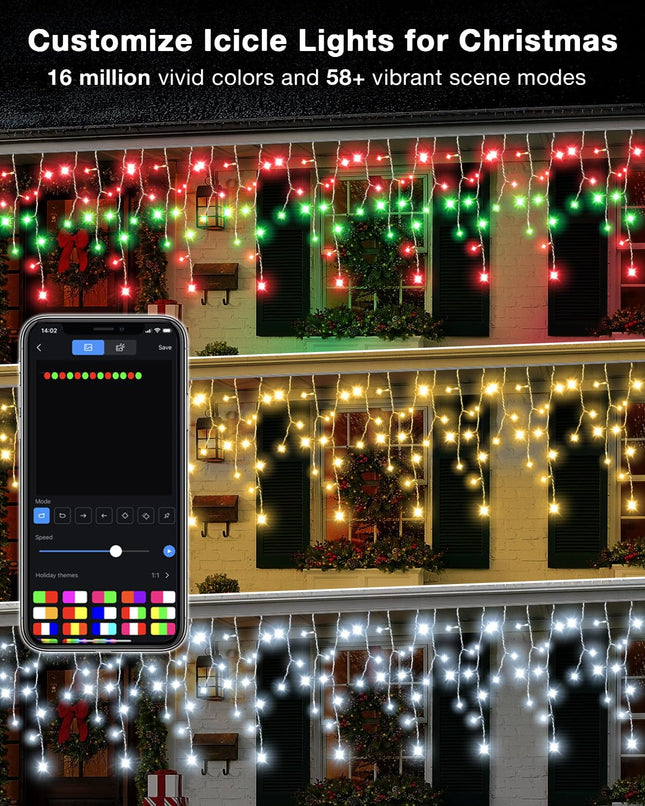 Smart Icicle Christmas Lights Outdoor, 66FT Dynamic DIY LED Icicle Lights for Outside App Remote Control Color Changing Music Timer, Plug in Curtain String Lights for Fence House Holiday Decor