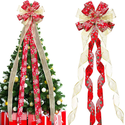 Christmas Tree Topper Bow, 53 x 12 Inch Red Ribbon Tree Topper Bow, Artificial Xmas Tree Flower Topper Decor for Party, Xmas Decorations and Home Decor