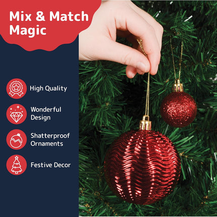 Prextex 36pc Shatterproof Christmas Ball Ornaments - Red, 6 Styles in 3 Sizes, with Hanging Loops for Tree, Wreath, Party Decor