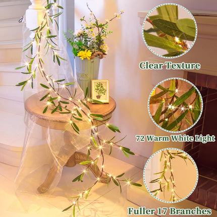 Vanthylit Lighted Artificial Olive Garland, 6FT LED Faux Greenery Vine Garland Lights Battery Operated with Timer for for Mantel Fireplace Wedding Christmas Holiday Home Decor