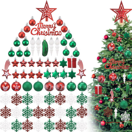 73 Pcs Christmas Tree Decorations Set Christmas Tree Pickle Ornaments Xmas Tree Topper Hanging Ball Snowflake Ornaments for Christmas Holiday Party(Stylish,Red, Green)