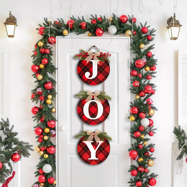 Buffalo Check Plaid Christmas Wreaths for Front Door - 3pcs 12" Rustic Burlap Wooden Christmas Decor Hanging Joy Signs Winter Wreaths for Door Wall Window Holiday Xmas Home Decorations Indoor Outdoor