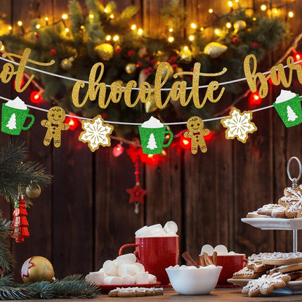 Hot Chocolate Bar Glittery Christmas Banner + Ginger Bread Men+ Snowflakes+ Xmas Cups with Marshmallows Bunting Garland Sign, Perfect Decoration for Merry Sparkly Party Supplies, Winter Theme Favors
