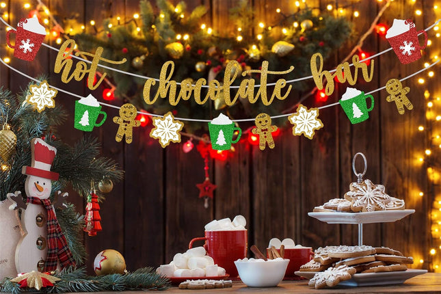 Hot Chocolate Bar Glittery Christmas Banner + Ginger Bread Men+ Snowflakes+ Xmas Cups with Marshmallows Bunting Garland Sign, Perfect Decoration for Merry Sparkly Party Supplies, Winter Theme Favors