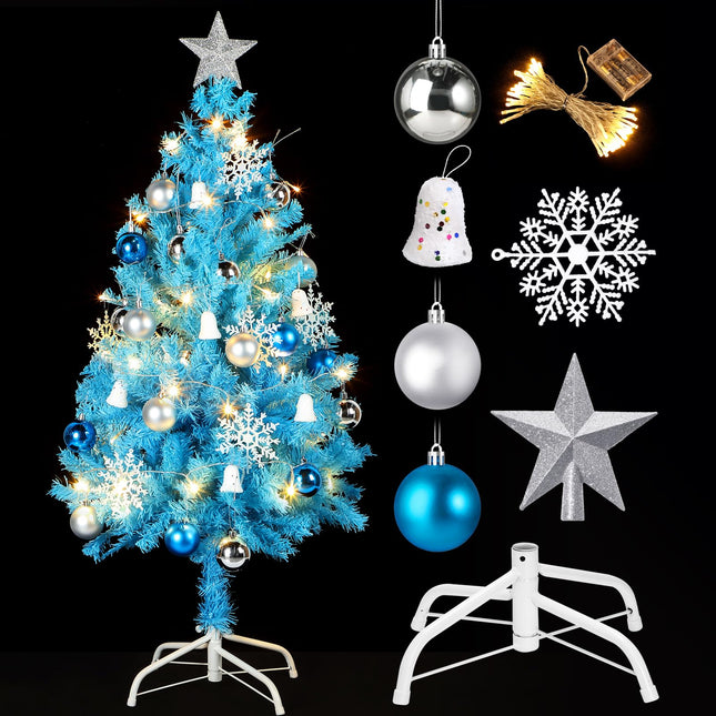 34 Pieces Christmas Tree Decorations Include 4 ft Artificial Christmas Tree with Metal Feet, String Lights, 31 Small Accessories for Home Christmas Party Decoration (Pastel Blue)