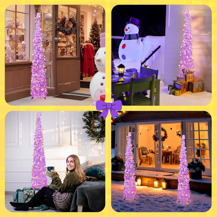 OurWarm 5 FT Purple Pop Up Christmas Tree with 60 LED Lights, Tinsel Collapsible Christmas Tree with Sequins, Prelit Artificial Pencil Xmas Tree for Home Room Indoor Outdoor Holiday Party Decoration