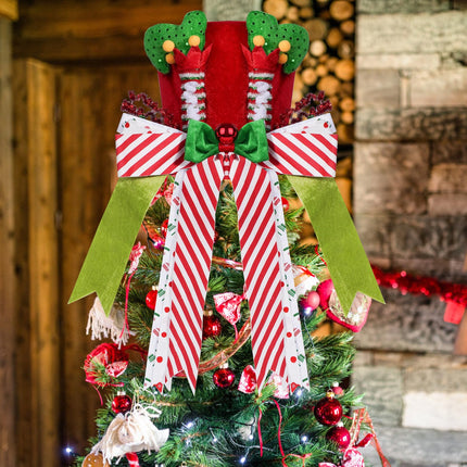 Christmas Tree Hat Topper, Red Velvet Top Hat with Elf Legs and Red & White Stripes Bow Ribbon Ornament, Whimsical Tree Topper Xmas Tree Decor Winter Holidays Home Decorations