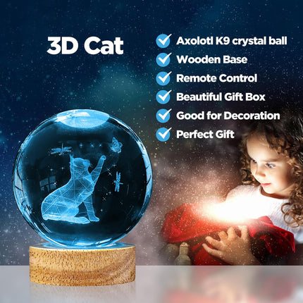 3D Cat Crystal Ball Night Light 3.15in K9 Cat Lamp with 16 Colors Change Wooden Base and Remote Control Christmas Cat s for Cat Lovers Girl Women Friends