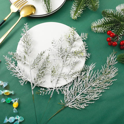Panelee 45 Pcs Christmas Artificial Faux Cedar Branches, Artificial Pine Leaves,Christmas Greenery Fake Stems Christmas Tree Picks for Vase Garland Wreath Craft DIY Home Decoration(Frosted)